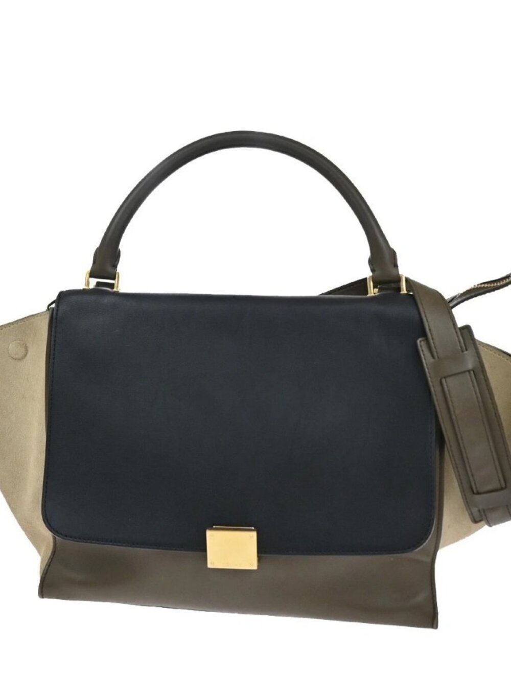 CELINE Trapeze Tricolor 2way Shoulder Hand Bag Leather Suede Khaki Beige 70KB559